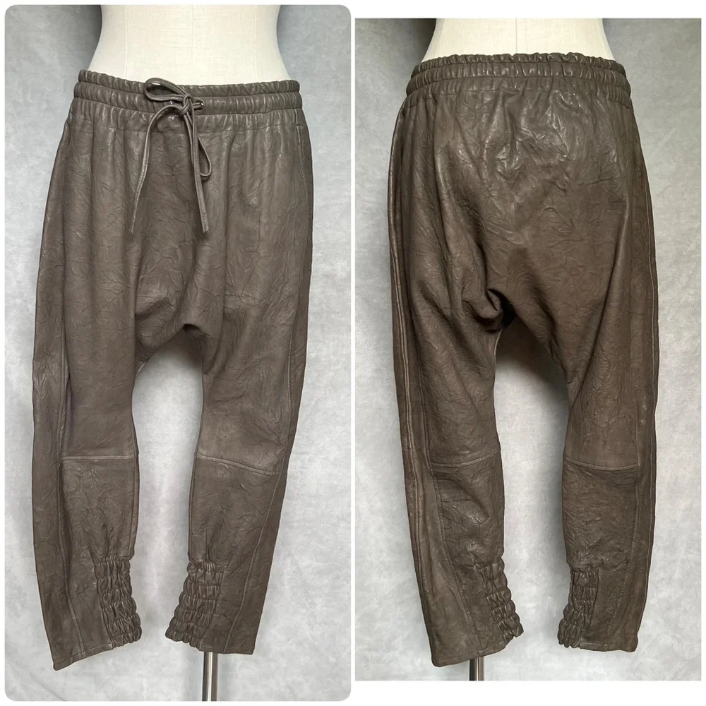 ROCOCO Crinkle Leather Pants Sz S Barrel Drop Crutch Crop Harem Olive Green Soft - Picture 4 of 17